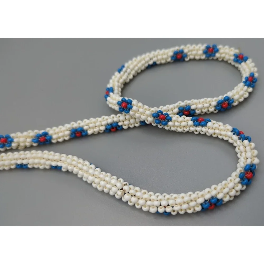 Vintage Beaded Belt‎ Or Necklace Plastic Seed Beads White Floral Boho American